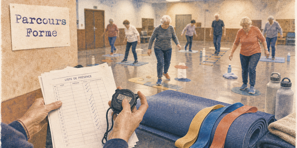 Parcours forme et bien etre tours : éducatrice encadre seniors pour exercices d’équilibre