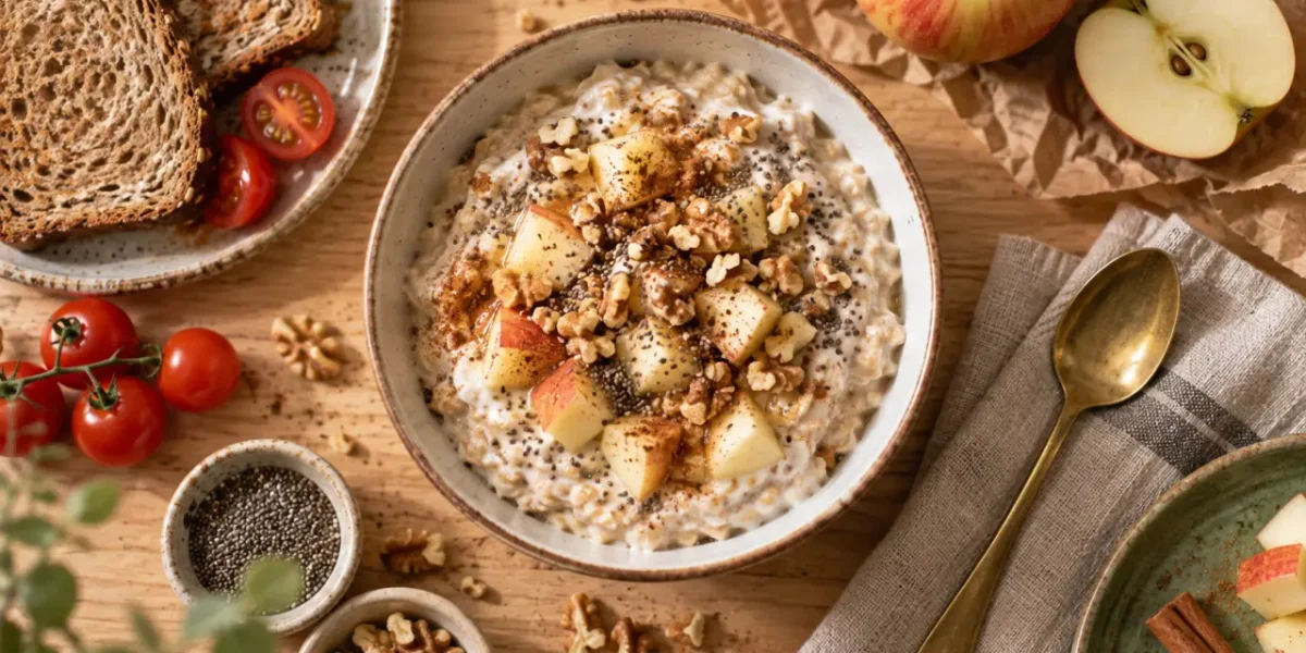 Petit dej équilibré recette : porridge pomme-cannelle au skyr, graines de chia