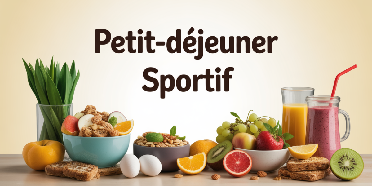 Petit dejeuner sportif aliments variés sur table, energie et recuperation