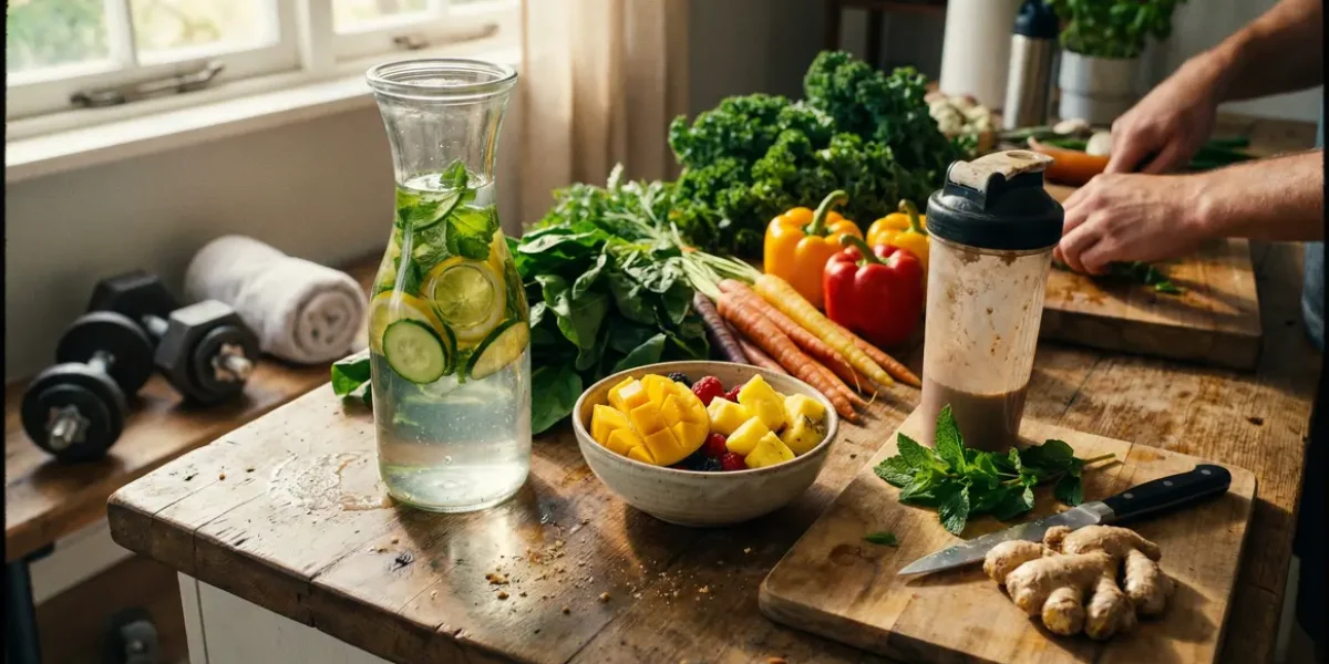 plan de travail avec eau infusée, fruits, gingembre et accessoires sport