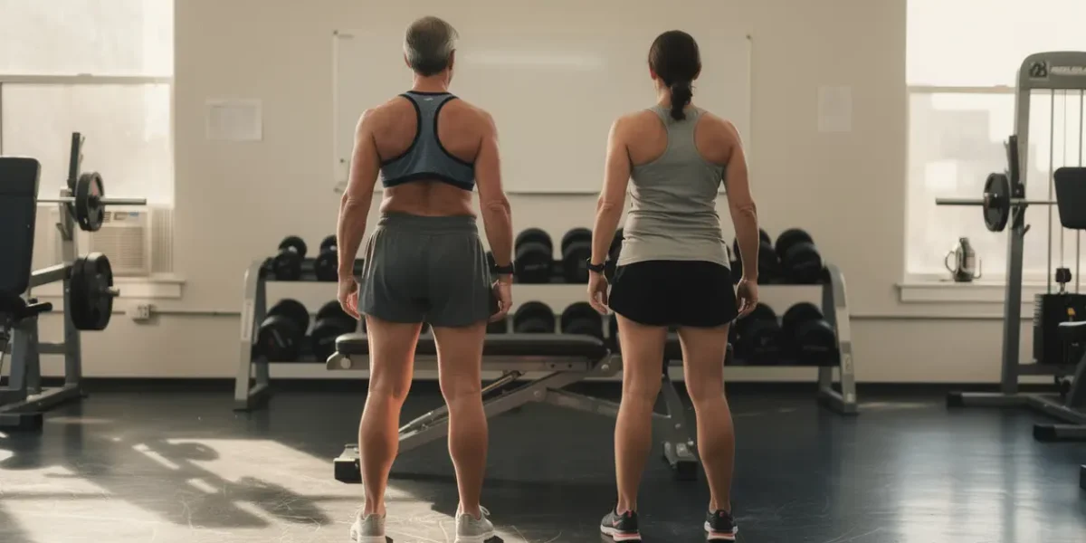 homme et femme musculation après 40 ans salle lumineuse