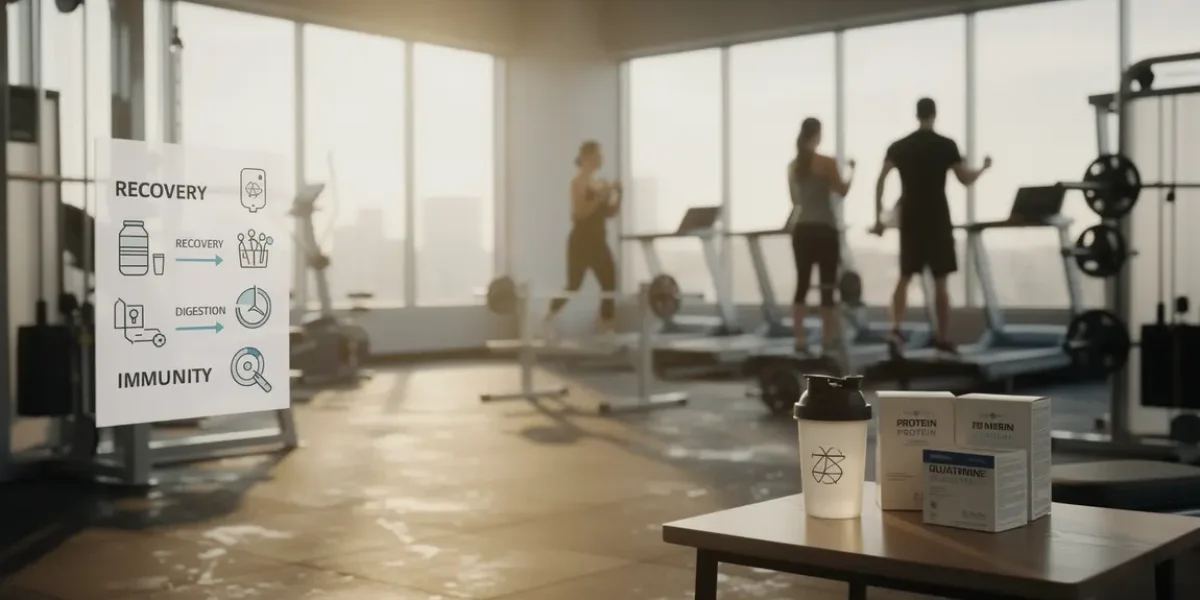 Salle de sport moderne avec compléments et glutamine, récupération, digestion, immunité