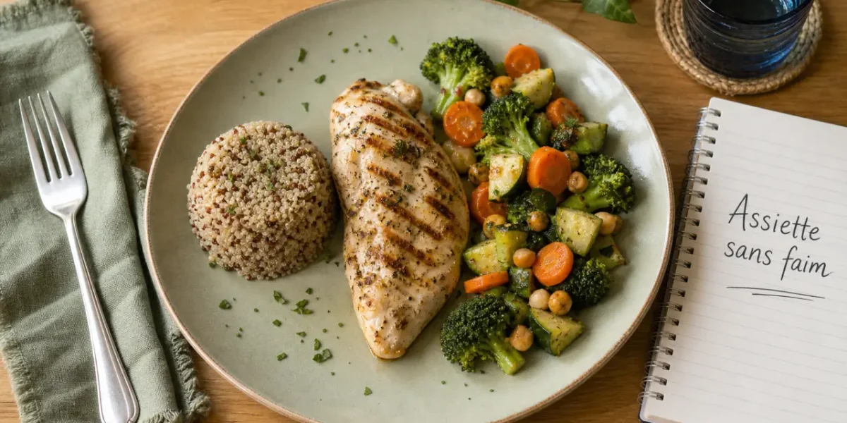 Quoi manger en regime : assiette minceur poulet, légumes, quinoa sans faim