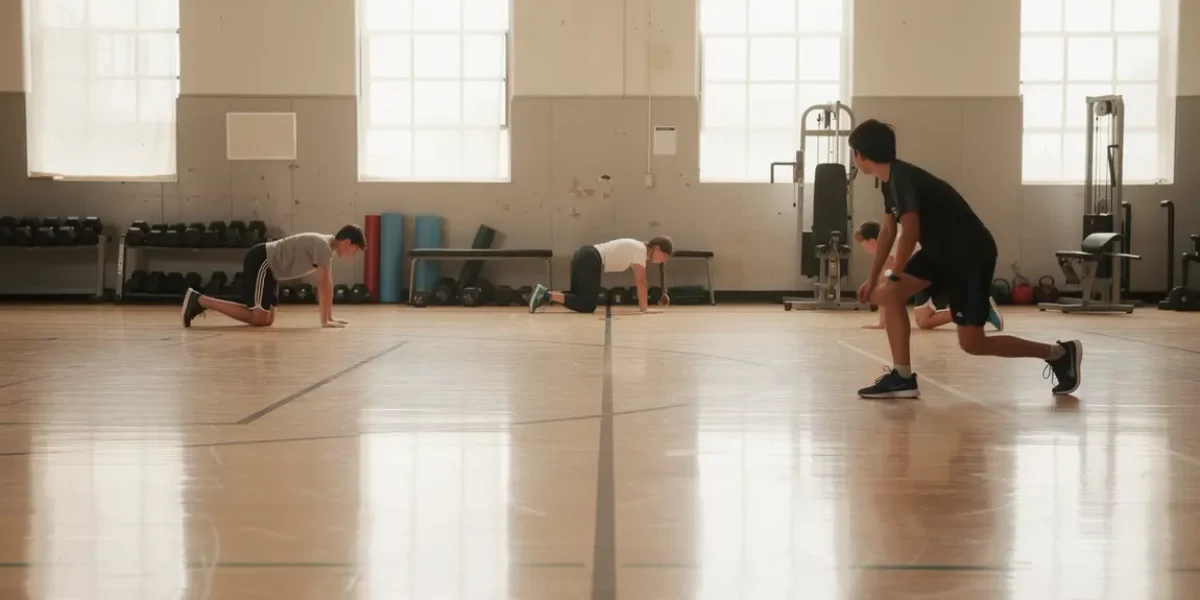 Salle lumineuse, jeunes font squats et pompes musculation