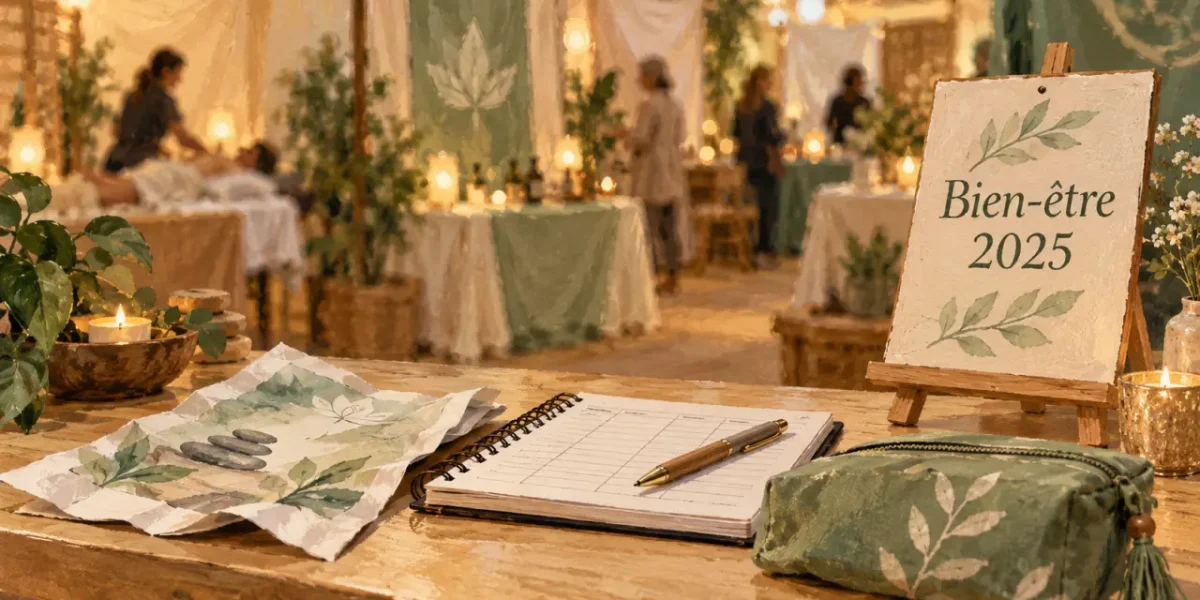 Salon du bien etre 2025 : guide et réservation sur un comptoir en bois