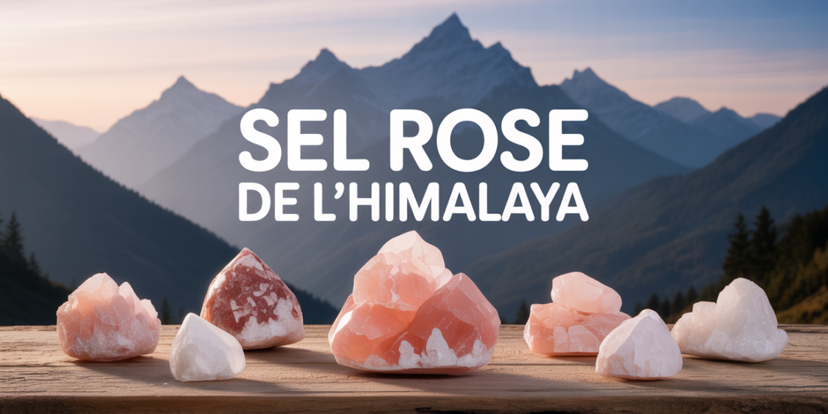 Cristaux de sel rose de l Himalaya sur table avec montagne