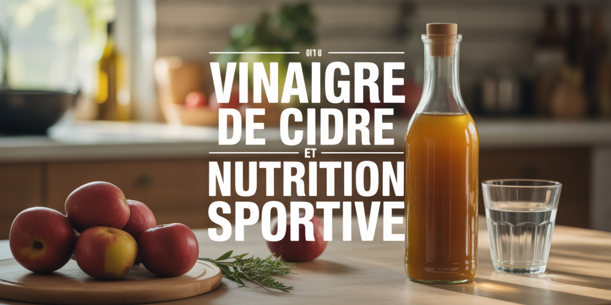 Vinaigre de cidre et nutrition sportive sur table de cuisine avec pommes