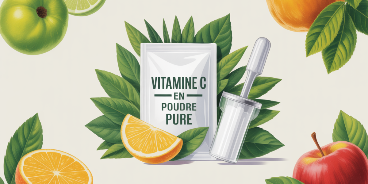 Image de vitamine C en poudre pure en boite et sachet, cuillère doseuse et fruits