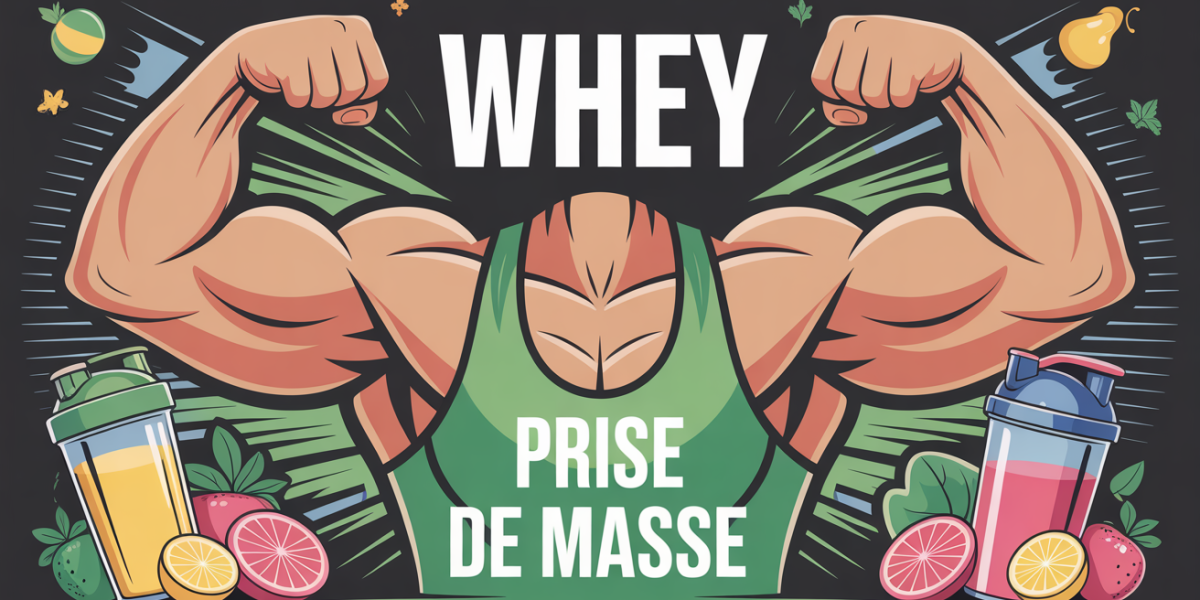 whey prise de masse avec haltere, shaker, fruits